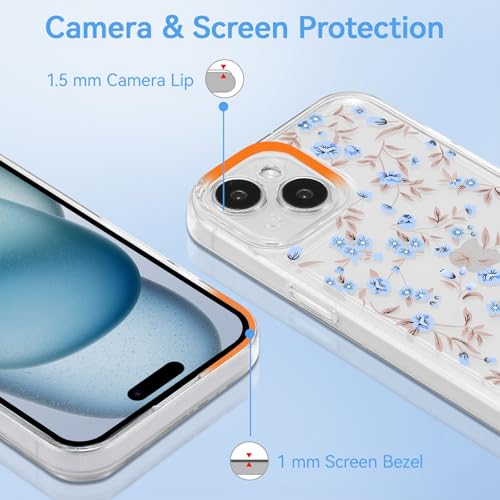 Coque iPhone 15 Plus antichoc fleurie en TPU souple et mince bleu clair