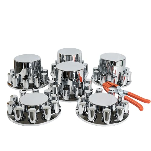 Flat Top Chrome ABS Axle Cover and Hub Cap Kit for Semi Trucks Complete Set of 2 Front and 4 Rear Wheel Covers with Removable Caps