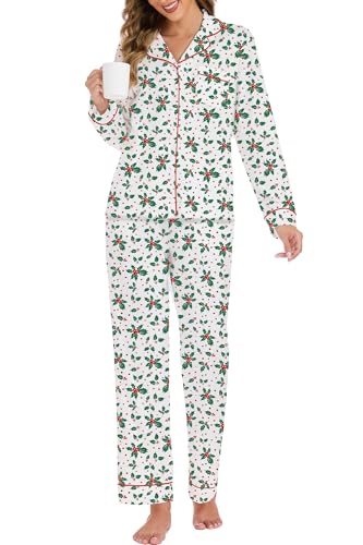 Image of LUBOT Christmas Pajamas for Women 100% Cotton Pajama 2 Piece PJ Set Soft Long Sleeve Button Xmas Print Loungewear XS-XXL