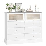 FINETONES 8 Drawers White Dresser, 47.2’’ Large 8 Drawer Dresser with Exquisite Glass Door, White and Gold Dresser Chest of Drawers Modern Dresser Drawers for Living Room Hallway