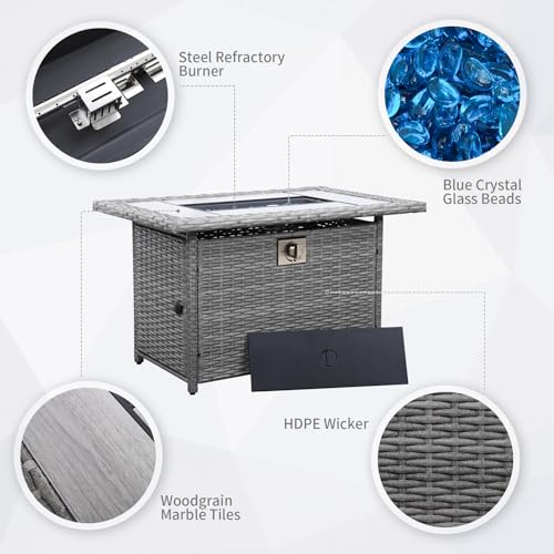 60000 BTU Wicker Gas Fire Pit Outdoor Fire Pit Table 45 Inch Fire Pits for Outside with Woodgrain Marble Tabletop Fire Pit Cover and Blue Crystal Beads - Image 4