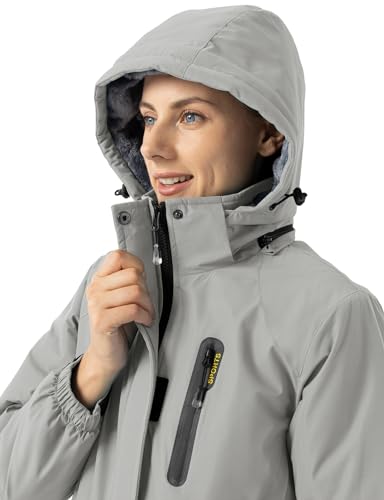 donhobo Damen Outdoor Winterjacke Winddichte Wasserdicht Softshell Jacke Warm Fleece Skijacke Funktionsjacke mit Abnehmbarer Kapuze, Hellgrau, XXL