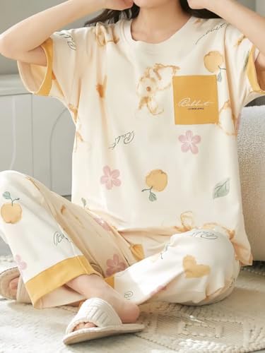 Image of GLASGO Women's Cotton Pajama Set with Top & Pants|| Korean Night Wear|| Loose Fit Home Wear || Lightweight Printed Set || Soft & Comfy Sleepwear for Girls & Women || LNS-4-$