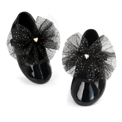 Wulubaba Toddler Girls Dress Shoes Mary Jane Princess Shoes with Sparkly Tulle Bow and Heart Charm Toddler Little Kids Wedding Party Flats Black