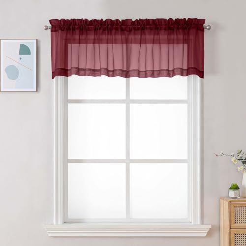 Image of Chyhomenyc Burgundy Sheer Valances for Windows - Light Filtering Small Kitchen Curtains, Rod Pocket Short Top Window Treatment Decor for Living Room Bathroom Basement, 42Wx16L inches, 2 Panels