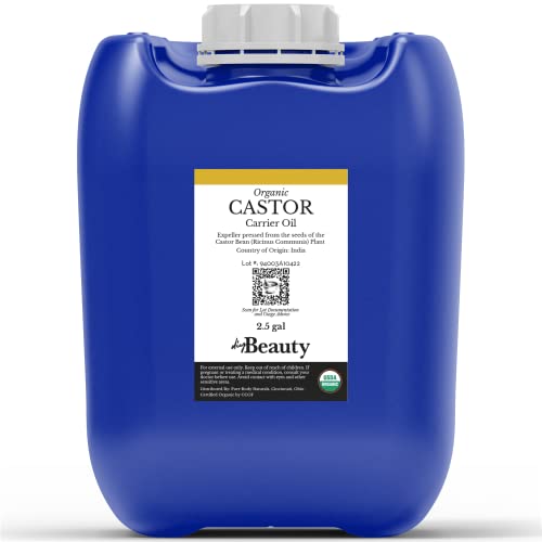 DIYBeauty Bulk Castor Oil - Unrefined, Expeller Pressed, USDA Organic - Large 2.5 Gallon Jerrican - 100% Pure & Undiluted Aceite De Ricino - for Skin, Eyelashes, Eyebrows, and Hair Growth