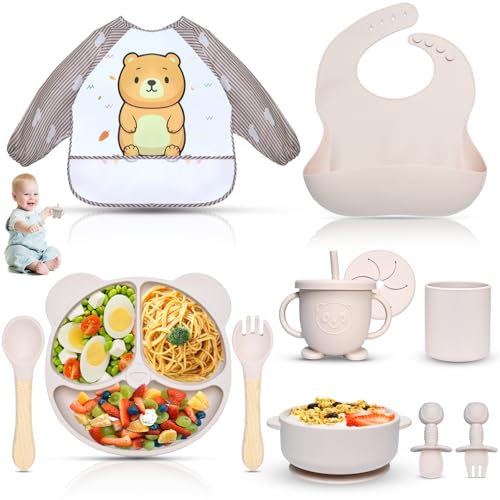 Dazhtu Assiette bebe Set, 11 Pièces Coffret Repas Bebe Silicone, Vaisselle Assiette ventouse pour bébé, Bavoir Silicone Bebe, Cuillère, Enfant Set Couverts Vaisselle Pour Sevrage Manger (Beige)