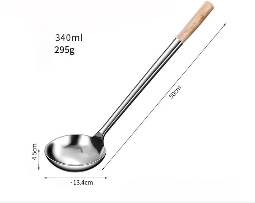 Stainless Steel Soup Ladle with Wooden Handle, Long Handle Kitchen Spoon, Modern Style, Silver and Natural Wood, (340ml)