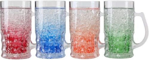 Image of Lily's Home Insulated Double Wall Gel-Filled Acrylic Frosted Freezer Beer Glasses, Great for Enjoying Brews at BBQs and Parties, Clear with Assorted Color Bases (14 oz. Each, Set of 4) - Mug Shape
