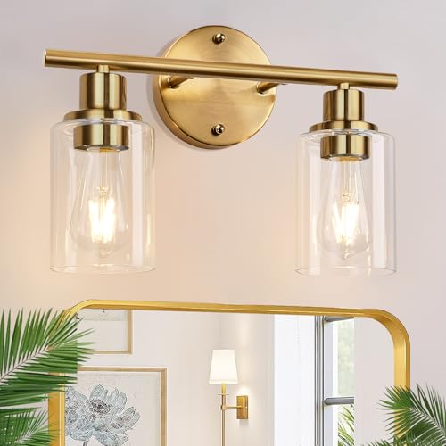 Image of Zarbitta 2-Light Bathroom Light Fixtures, Brushed Gold Vanity Light, Modern Vanity Lights with Clear Glass Shade, Bathroom Wall Lamp for Mirror Kitchen Living Room Hallway Cabinet Porch