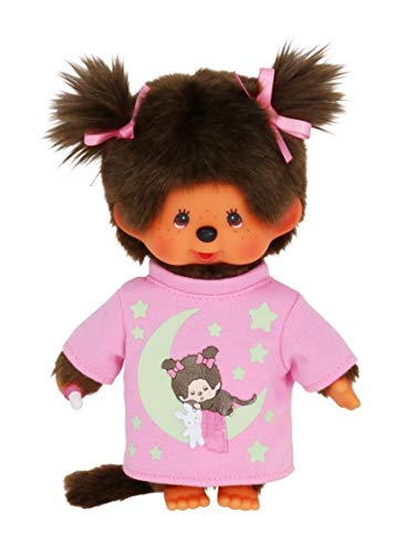 Sekiguchi 223732 Original Monchhichi Meisje van bruin pluche, met roze slaapshirt, Glow in The Dark elementen en vlechten met strikken, ca. 20 cm