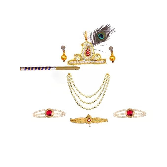 Image of ITSMYCOSTUME Krishna Dress for Baby Boy Kids Set of 10(Dhoti,Patka,Hip Cover,Mukut,Morpankh,Bansuri,Kamarband,Bajuband,Kundal) Little Krishna Ji Kanha Janmasthmi Costume for Kids