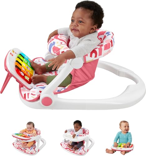 Image of Fisher-Price Portable Baby Chair, Pink Kick & Play Deluxe Sit-Me-Up Seat with Piano Learning Toy & Snack Tray for Infants to Toddlers