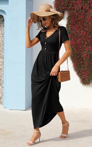 Image of GRECERELLE Womens Summer Long Maxi Dresses 2026 Short Sleeve V Neck Casual Button Dress with Pockets