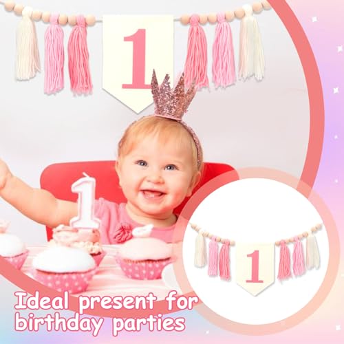 Image of One High Chair Banner for 1st Birthday Decoration Girls, Pink Tassel Banner for 1st Birthday Photo Backdrop Decor