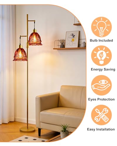 Image of Lightdot 65IN Glass Floor Lamp for Living Room, 2- Light Gold Flower Floor Lamps with Rose Red Glass Lampshade,3000K Warm White Modern Standing Tall Lamp with 5Lbs Heavy Base for Bedroom Corner