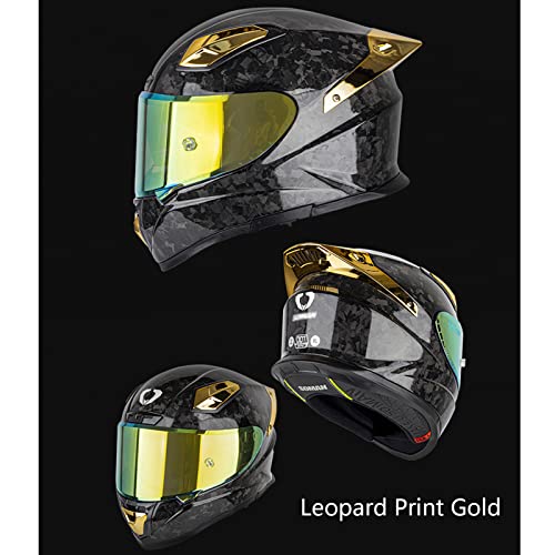 Carbon Fiber Build Motorcycle Dual Visor Full Face Helmet Dot/Ece Approved Motorbike Moped Street Bike Racing Crash Helmet With Big Rear Wing For Adult Men Women,Leopard Print Gold,L #TOP1