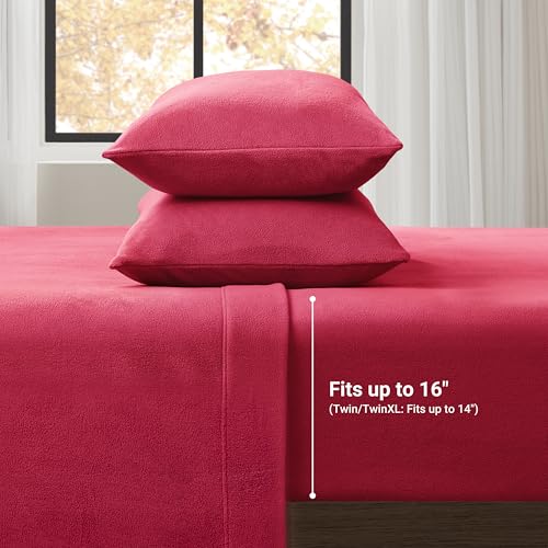 Image of True North by Sleep Philosophy Micro Fleece Bed Sheet Set, Warm, Sheets with 14 inch Deep Pocket, for Cold Season Cozy Sheet-Set, Matching Pillow Case, King, Red, 4 Piece