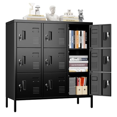 Image of SUPEER Metal Lockers for Employees with 9 Doors,Lockable Metal Locker with Keys and Card Slot,Office Storage Locker for School Gym Home,15.79 inch D x 35.51 inch W x 37.8 inch H,Black,Assembly Required