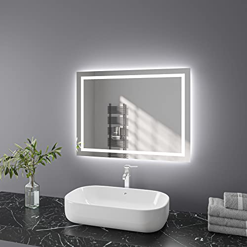 Espejo de baño con iluminación, 70 x 50 cm, espejo LED con interruptor táctil, sin empañamiento, espejo de baño, iluminado, blanco frío, horizontal, vertical, bajo consumo (28 x 20 pulgadas) Cover