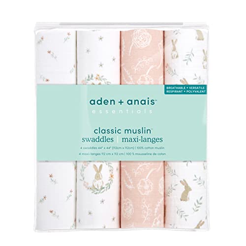 aden + anais Essentials Muslin Swaddle Blankets for Baby Girls and Boys, Newborn Receiving Blanket for Swaddling, 100% Cotton Baby Swaddle Wrap, 4 Pack, Blushing Bunnies - Thumbnail 5