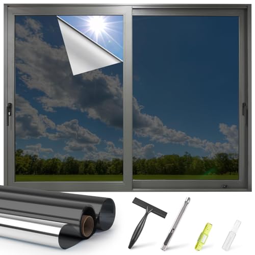 Kromapolis One Way Window Privacy Film Reflective Mirror Home Window Tint, Daytime Privacy Heat Control Anti UV Glass Tinting Static Cling (Black-Silver, 45.2 x 78.7 inch)