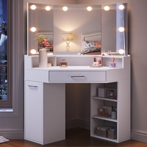 SONNI Eck Schminktisch mit Dreifachspiegel & 3-Farben LED Beleuchtung, 110x54x141.5cm, Kosmetiktisch...