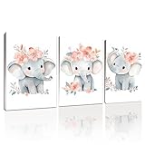 Wivsev Pink Gray Wall Art Elephant,Elephant Pictures Wall Decor,Cute Animal Canvas Wall Art for Nursery,Lingroom,Bedroom (12' x 18' x 3 pcs)
