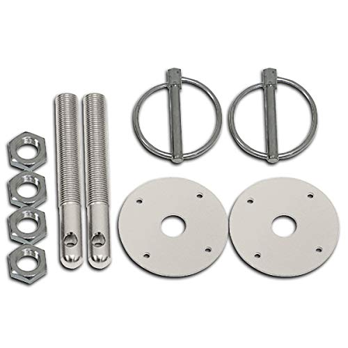 Cobra Tek- CBK-HZ-4051-SIL- Replacement 2X Silver Aluminum Hood Pin Kit 1/4 Flip Over Ring 1/2 x 4 Steel Pin Scuff Plate, Chevy Ford GM Hot Rod Muscle car Drag Race. (Silver)