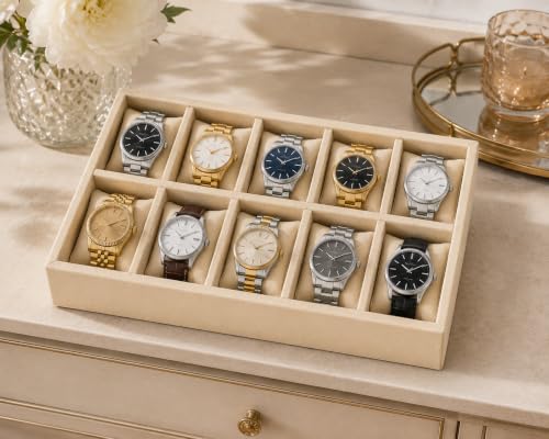 Image of 10 Slot Watch Organizer Tray for Watches, Cream | Tray keeps watches, smartwatches, bracelets and accessories arranged neatly in wardrobe, closet, dresser or dressing table