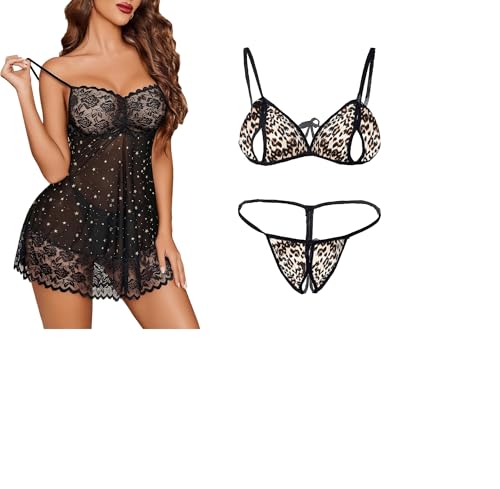 Image of SSoShHub Lace Babydoll Lingerie Sexy Mini Chemise Mesh Wedding Nightie Bridal Nightdress with Bikini