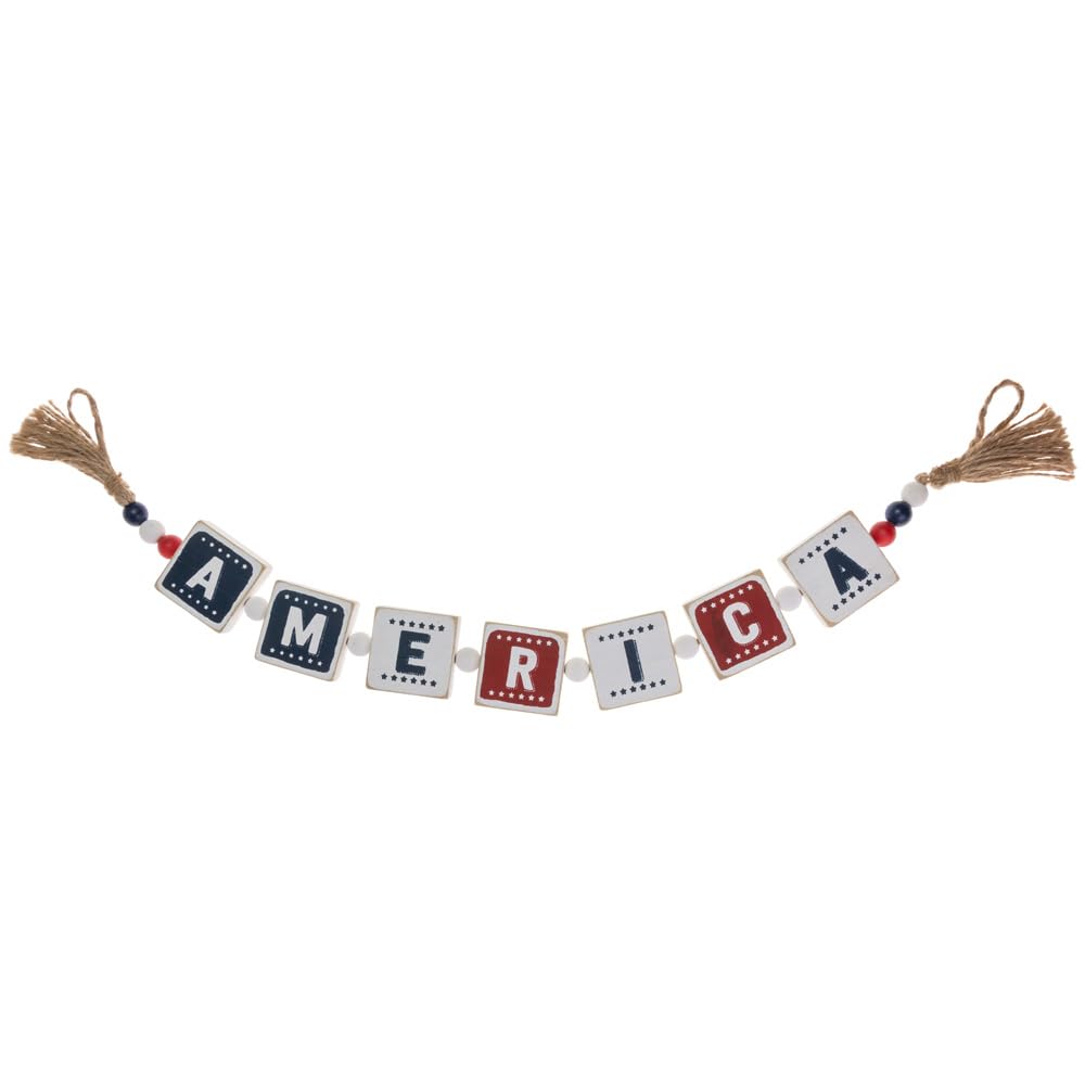 Boston International Wood Garland with Tassels 4th of July Americana Wall Hanging Décor, No Size, America