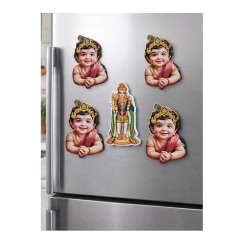 Image of Baby Murugan Fridge Magnet Set of 5 | Cute Wooden Murugan Magnet for Refrigerator, Cupboard & Locker | Hindu God Murugan Photo Magnet | Pooja Room Decor | Spiritual Gift Return Gift