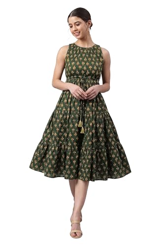 Image of Janasya Women's Blue Pure Cotton Floral Printed Tiered Dress