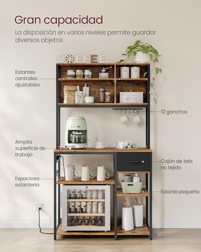 VASAGLE Estantería de Cocina con Multienchufe, Armario de Cocina, 40 x 100 x 180,4 cm, Estante de Microondas, Cajón de Tela, 12 Ganchos, Marrón Rústico y Negro Tinta KKS027K02 - imagen 5