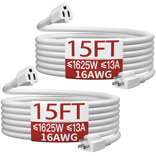Image of 16 /3 Indoor Extension Cord 15 FT 2 Pack, White Extension Cord Flexible & Durable, 3 Prong Power Cable, Suitable for Home and Office, 13 Amp 1625 Watt 125VAC 16AWG, ETL Listed