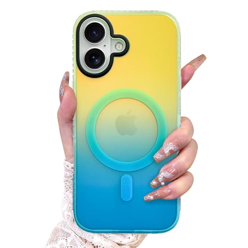 Image of AIGOMARA Magnetic Case for iPhone 17, Compatible with Magsafe, Fluorescent Iridescent Case for Women Girls, Shockproof Translucent Matte Protective Cover 6.3 Inch 2025, Green Blue