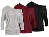 3 Pack Dolman Tops for Women Off The Shoulder Banded Waistband Shirts 3/4 Sleeves Regular and Plus Size Value Pack Black, Heather Grey, Burgundy 3X