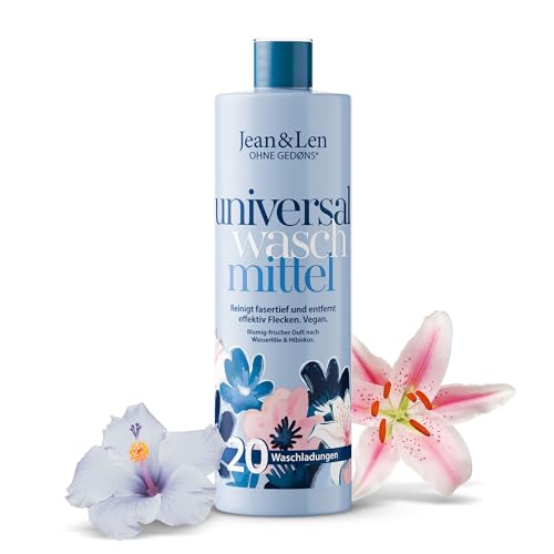 Jean & Len Universalwaschmittel Wasserlilie & Hibiskus, Fasertiefe Reinigung, mit Fleck-Weg-Effekt, mit pflanzenbasierten Tensiden, ohne künstliche Farbstoffe, Waschmittel vegan, 1 L 1