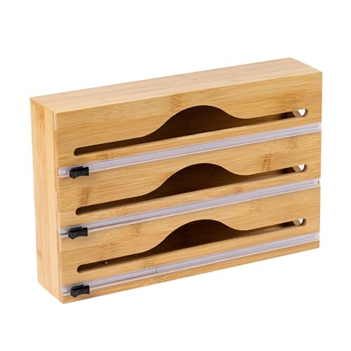 Plastic Wrap Dispenser With Cutter, Cling Film Wooden Organizer with Cutter, Bamboo Wood Cling Food Wrap Dispenser, Kitchen Drawer Organizer, Cuts Plastic Wrap, Parchment Paper, Baking Paper