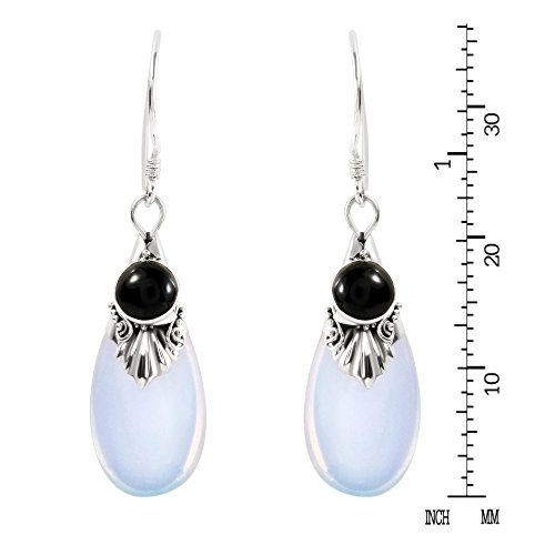 AeraVida Vintage Inspired Classic Elegance Teardrop Shaped Reconstructed Moonstone and Black Onyx Accents in .925 Sterling Silver Fishhook Dangle Earrings4