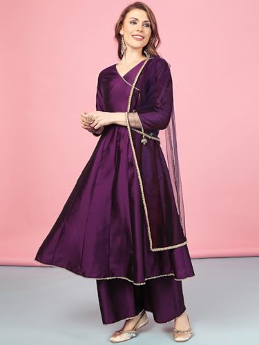 Image of A.T.U.N. (ALL THINGS UBER NICE) Cotton Women Anarkali Paneled Kurta With Palazzos & Dupatta