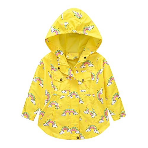 Girls Hooded Raincoat Windproof Zip 𝗖artoon Print Lightweight Outerwear Toddler Loose Jacket with Pocket