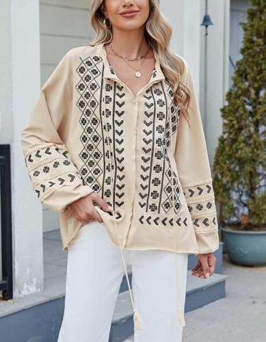 Kedera Womens Boho Embroidered Tops Floral Babydoll Tops Long Sleeve V Neck Peasant Blouses Mexican Shirt3