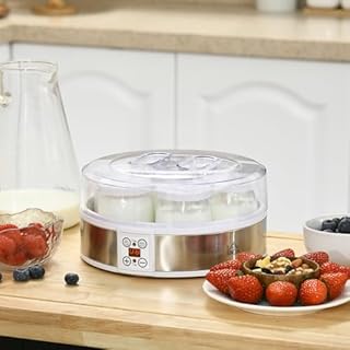 HOMCOM Yogurtiera 20W da 1.5L con 7 Vasetti e Display con Pulsanti, Macchinario per Yogurt in Acciaio Inox e Plastica, 24x24x13 cm, Bianca