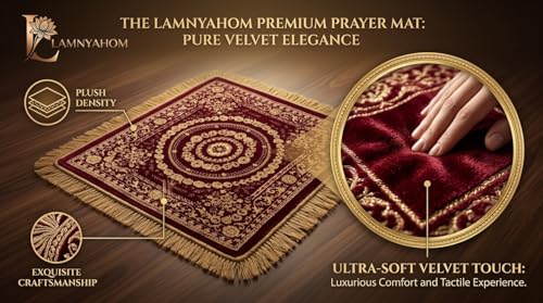Image of Premium Prayer Mat /Aasan for Home Temple & Meditation | Soft Velvet Touch Cushioned Pooja Mat with Tassels | Washable Floor Rug for Mandir, Yoga, Sitting Mat | 20 x 20 Inch (RED)