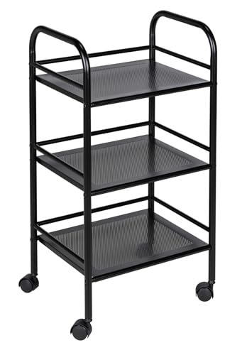 WENKO Badwagen mit 3 Etagen, Beistellwagen mit Rollen, aus lackiertem Stahl, 41 x 75 x 32 cm, Schwarz