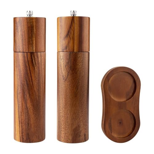 OSALADI Molinillo Pimienta Manual de Madera de Acacia 20 CM con Molinillo Cerámico Set 3 Piezas Sal y Pimienta con Base para Cocina y Condimentos Prácticos