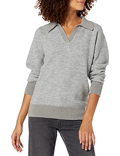 Image of Cable Stitch Women's Two Tone Polo Neck Open Collar V-Neck Sweater - Long Sleeve Relaxed Pullover Top
