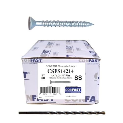 CONFAST 1/4" x 2-1/4" Concrete Screws 410 Stainless Steel Phillips Flat Countersunk with Concrete Drill Bit for Anchoring to Masonry, Block or Brick (50 per Box)